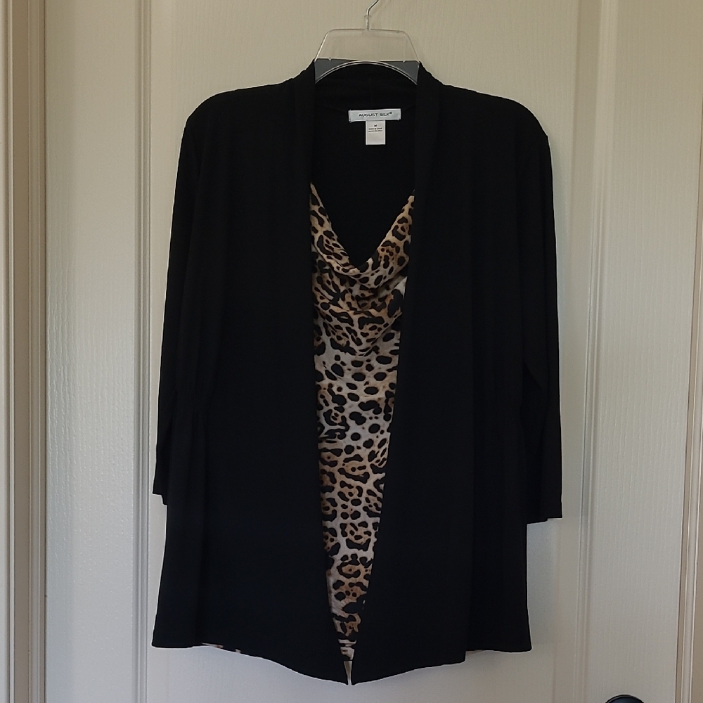 AUGUST SILK Black and Animal Print 2-in-1 Cardigan Top Vtg Size M
